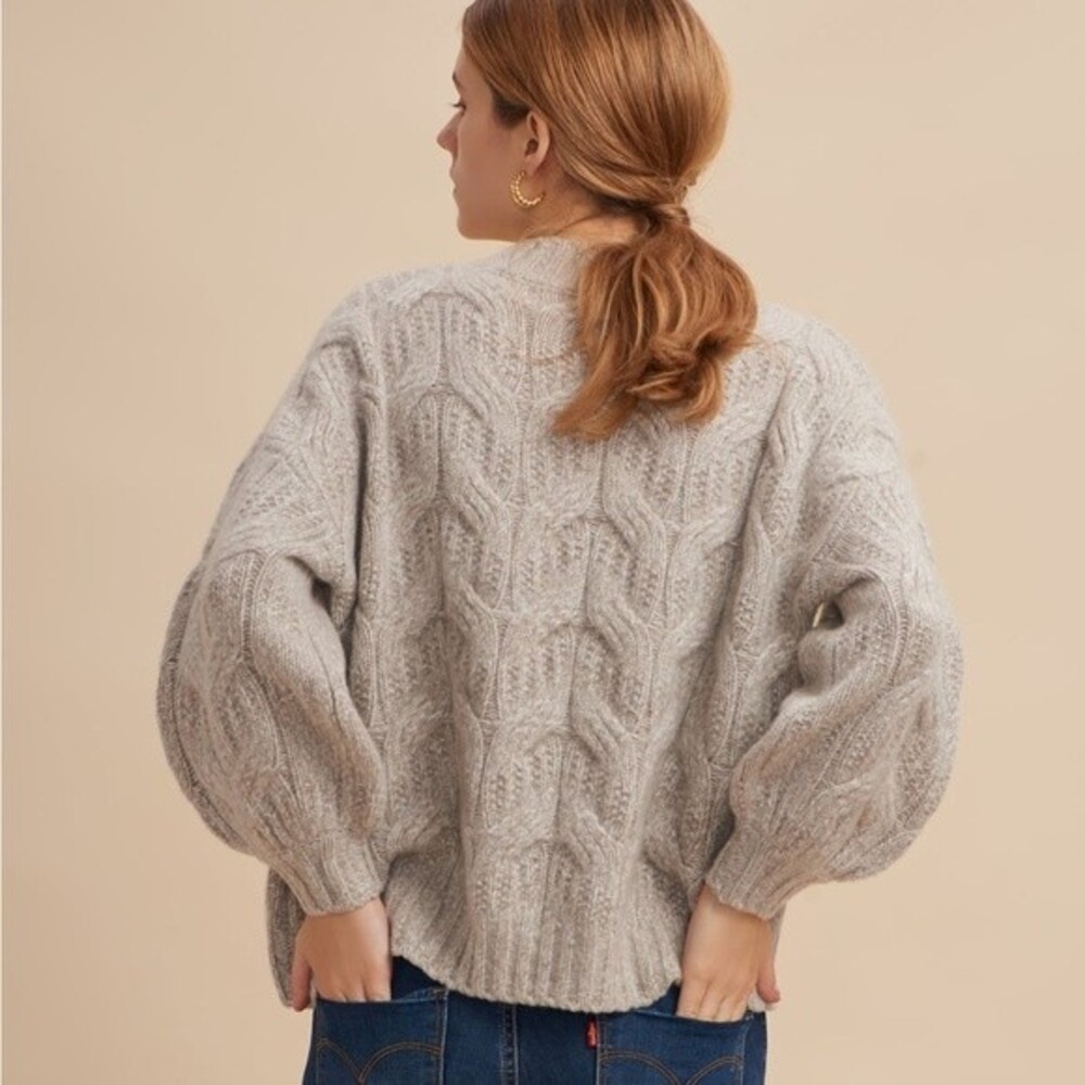 Dreamers Cable Knit Ballon Sleeves Crewneck Tan Beige Sweater L NWOT